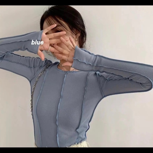 Shirt pastel blue ribbed line blouse womens top - Picture 5 of 7